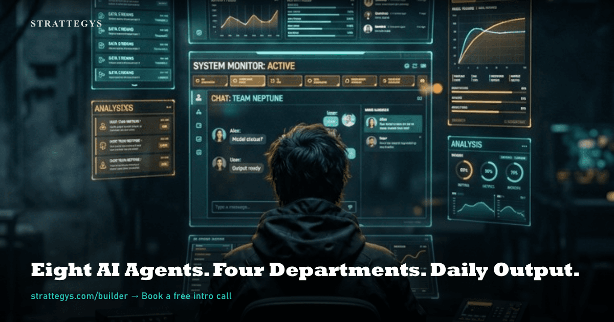 Human at a command station orchestrating AI agents across holographic screens