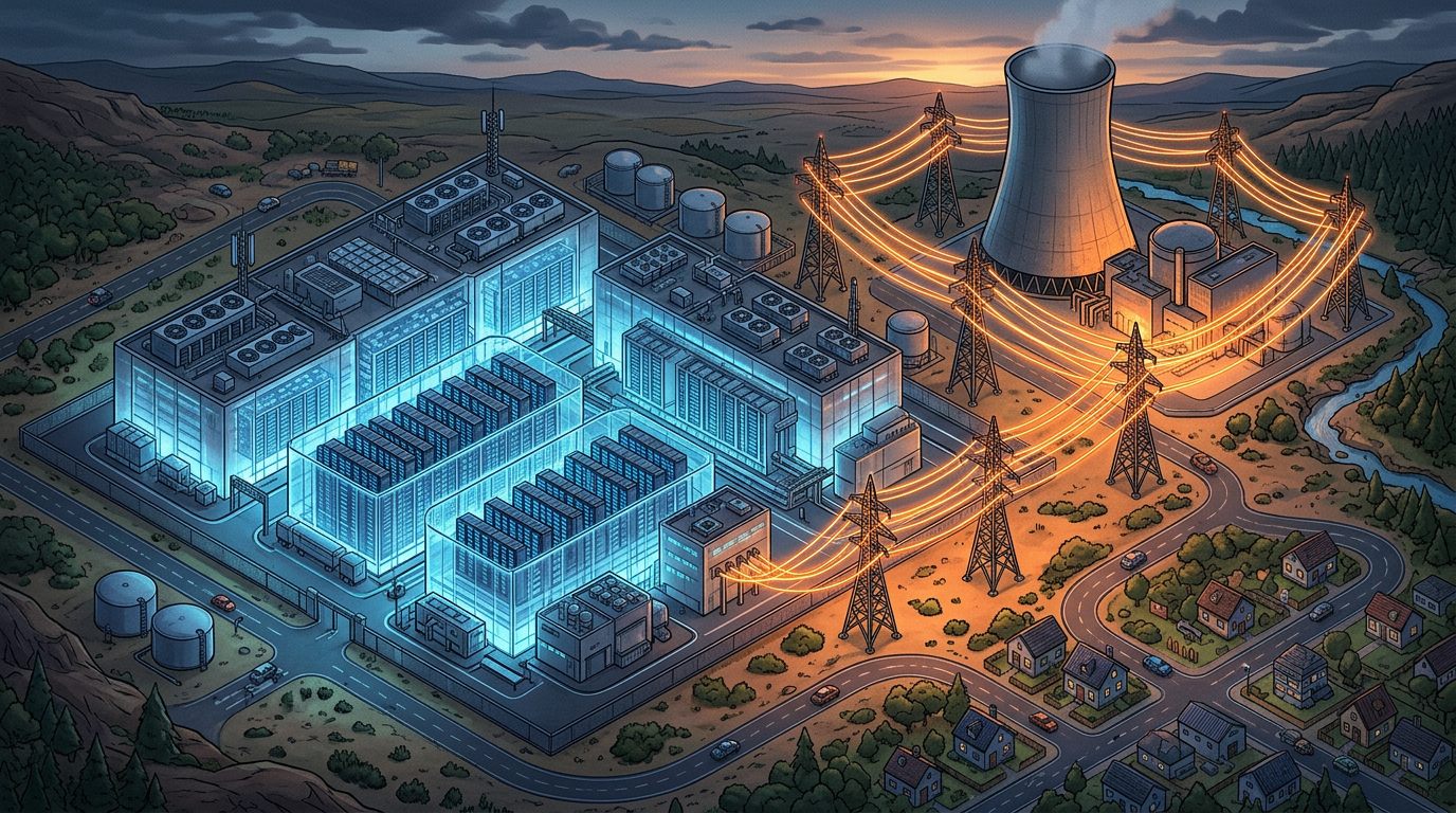 Aerial view of a massive AI data center complex connected to a power station