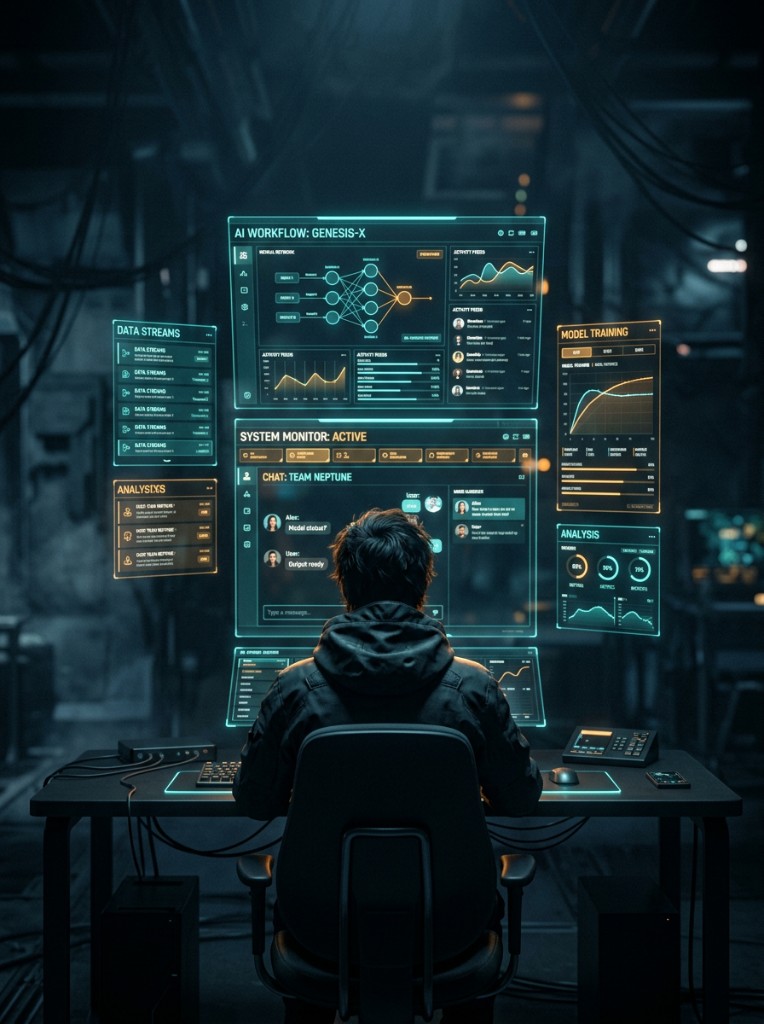 Human figure orchestrating a network of AI agents