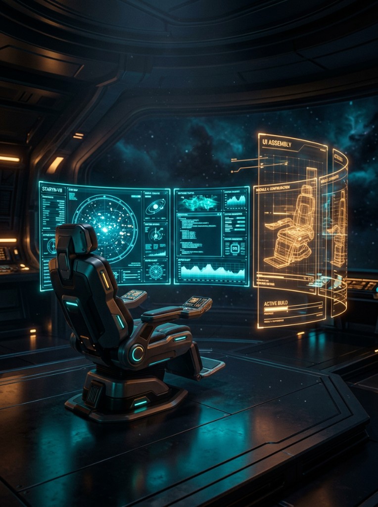 Empty command chair facing holographic screens under construction