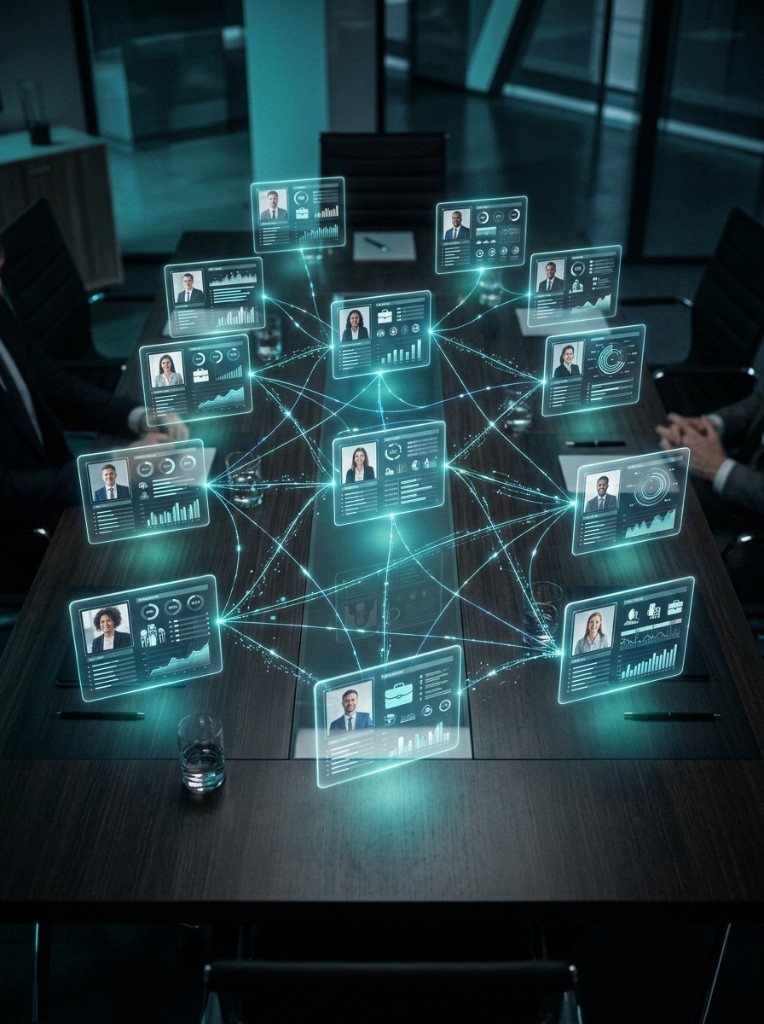 Holographic profile cards of business professionals connected on a dark conference table