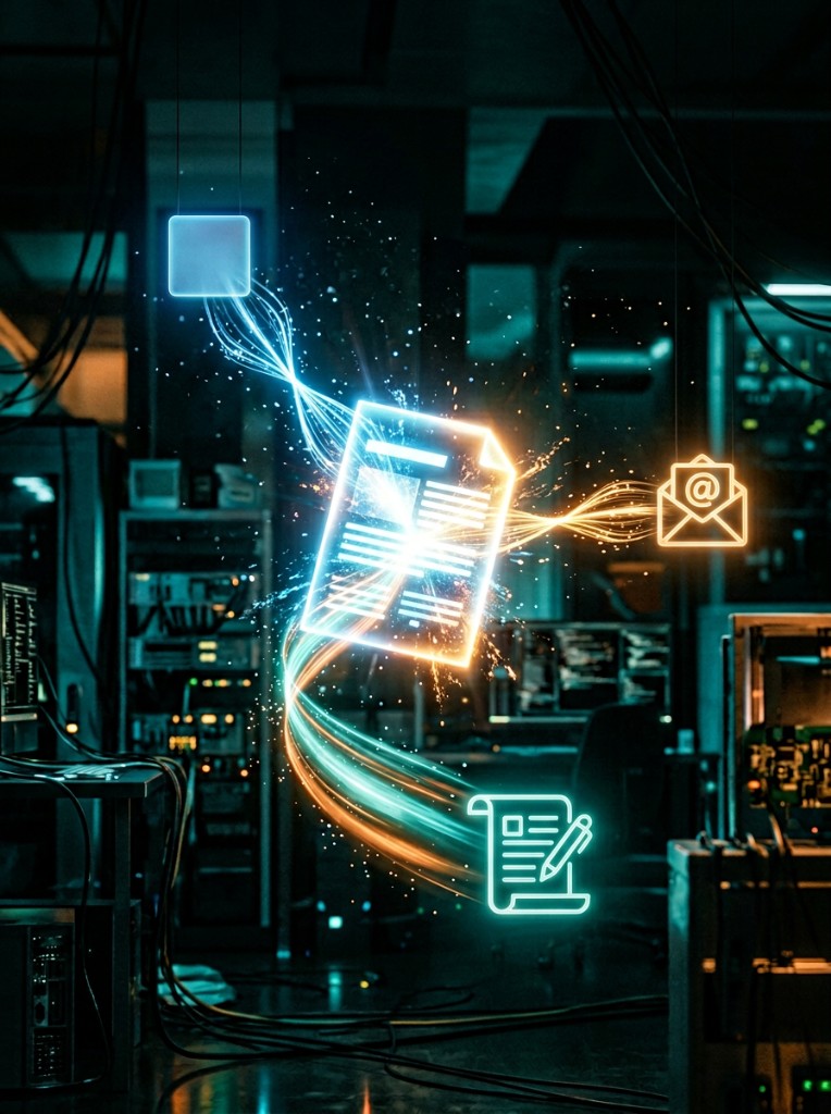 Glowing digital article radiating outward through email, LinkedIn, and newsletter channels